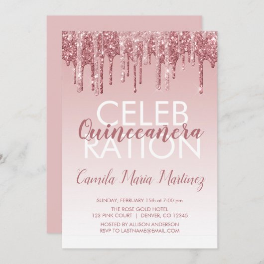 Roos Gold Sparkle Glitter Quinceanera Celebration Kaart (Voorkant / Achterkant)