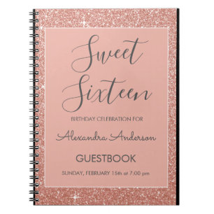 Roos Gold Sparkle Glitter Sweet 16 gastenboek Notitieboek