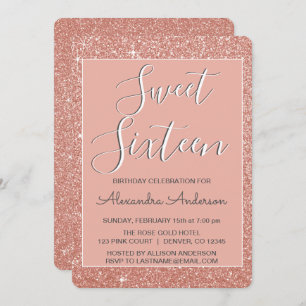 Roos Gold Sparkle Glitter Sweet Sixteen Birthday Kaart