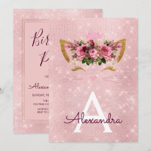 Roos Gold Sparkle Kitten Girly Verjaardagsfeestje Kaart