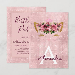 Roos Gold Sparkle Kitten Girly Verjaardagsfeestje Kaart