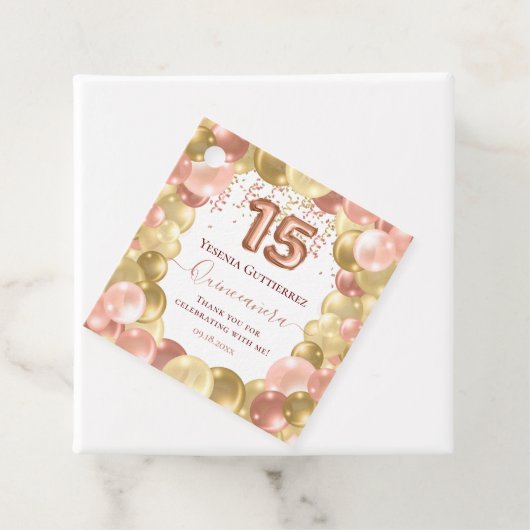 Roos Gold Sparkle Quinceañera-ballon Bedankjes Labels (In situ)