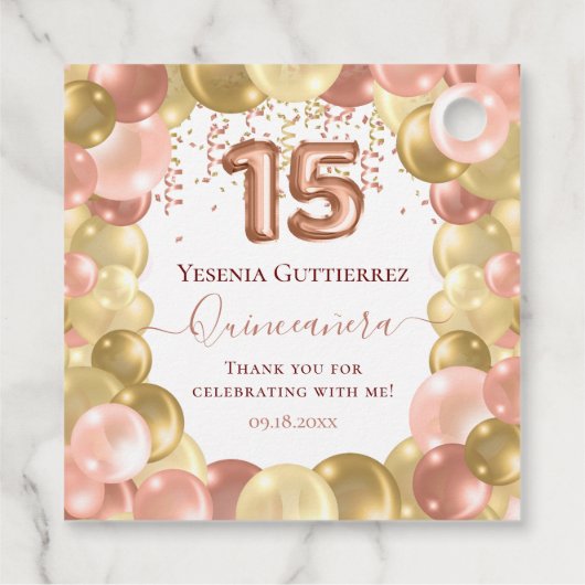 Roos Gold Sparkle Quinceañera-ballon Bedankjes Labels (Achterkant)