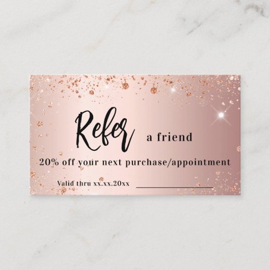 Roos Gold Sparkles QR Code Zakelijke Verwijzingska Kortingskaartje (Voorkant)