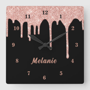 Roos Gold Sparkly Drips Black Clock Aangepaste Naa Vierkante Klok