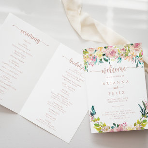 Roos Gold Spring Floral Folded Wedding Programma