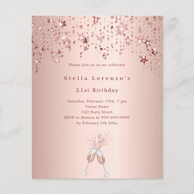 Roos Gold Stars juicht verjaardagsuitnodiging (Voorkant)