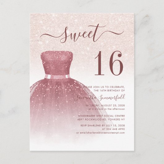 Roos Gold Sweet 16 Moderne Glitter Drips Script Uitnodiging Briefkaart (Voorkant)