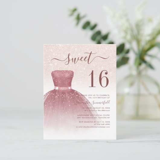 Roos Gold Sweet 16 Moderne Glitter Drips Script Uitnodiging Briefkaart (Staand voorkant)