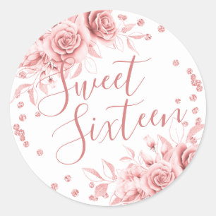 Roos Gold Sweet 16 Verjaardag Bloemen Glitter Ronde Sticker