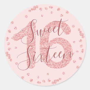 Roos Gold Sweet 16 Verjaardag Glitter Confetti Ronde Sticker
