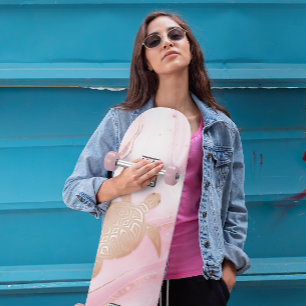 Roos Gold Turtle roze marmer inkt Skateboard