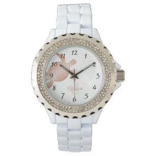 Roos Gold Turtle White marble Monogram Jouw naam Horloge