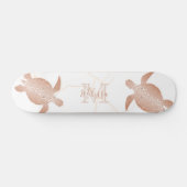 Roos Gold Turtle White marble Monogram Jouw naam Skateboard (Horizontaal)