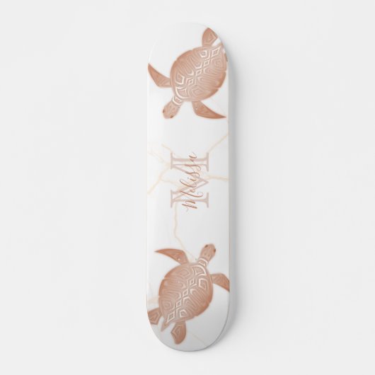 Roos Gold Turtle White marble Monogram Jouw naam Skateboard (Voorkant)