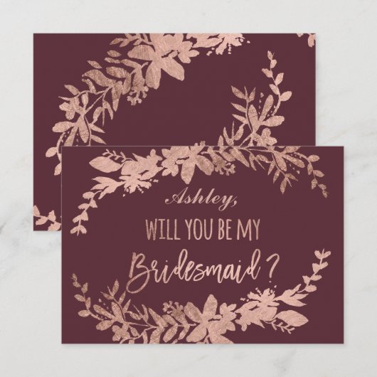 Roos Gold typografie Floral burgundy bridesmaid Kaart (Voorkant / Achterkant)
