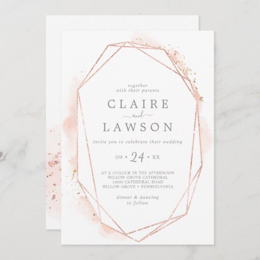 Roos Gold Waterverf Geometrische Casual bruiloft Kaart (Voorkant / Achterkant)