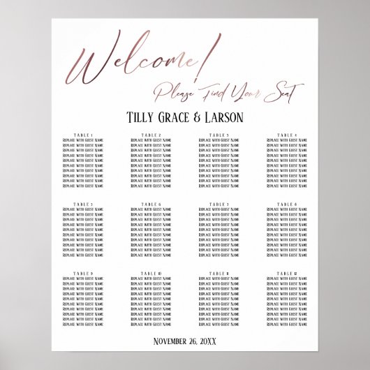 Roos Gold Wedding Reception Seating Chart Poster (Voorkant)