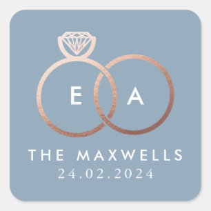 Roos Gold Wedding Ring Monogram Naam Datum Blauw Vierkante Sticker