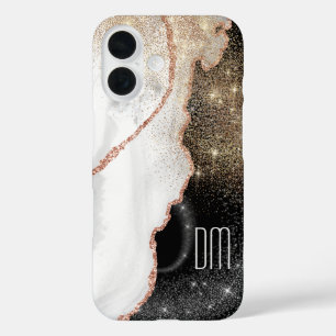 Roos Gold White Marble Glitter Monogram iPhone 16 Hoesje