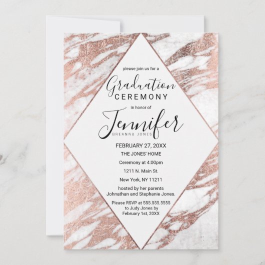 Roos Gold White Modern Marble Afstuderen Kaart (Voorkant)