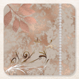 Roos Gold, witte parels, Floral Square Tile Bever Vierkante Kartonnen Onderzetter