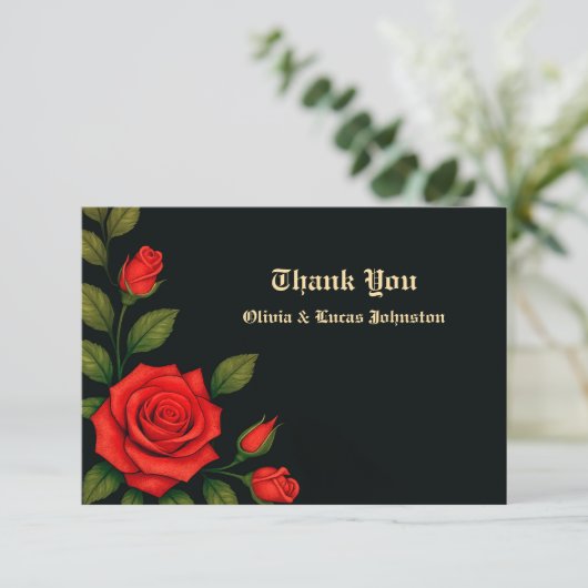 Roos gotische bruiloft flat dank u kaart (Staand voorkant)