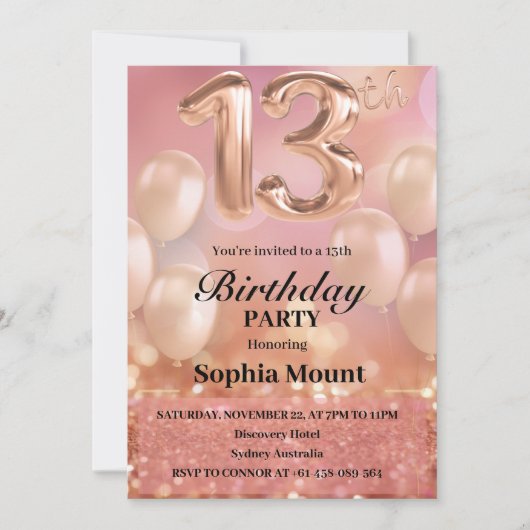 Roos Goud 13e Verjaardagsfeest Roze Uitnodigingen (Voorkant)