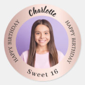 Roos goud aangepaste foto Sweet 16 Ronde Sticker (Voorkant)