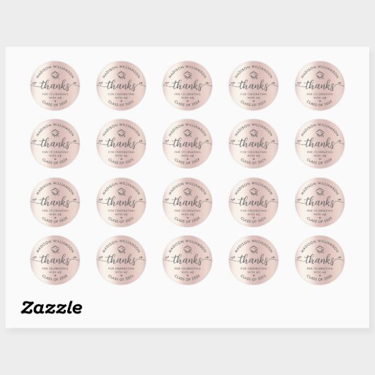 Roos Goud Afstuderen Modern Bedankt Script Hart Ronde Sticker (Vel)