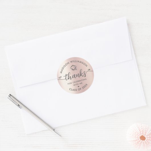 Roos Goud Afstuderen Modern Bedankt Script Hart Ronde Sticker (Envelop)