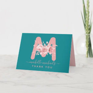 Roos Goud Blauwgroen Dank u Floral Monogram Kaart