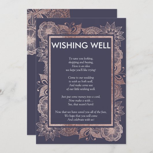 Roos Goud Bloem en Donkerblauwe Wensput Kaart (Voorkant / Achterkant)