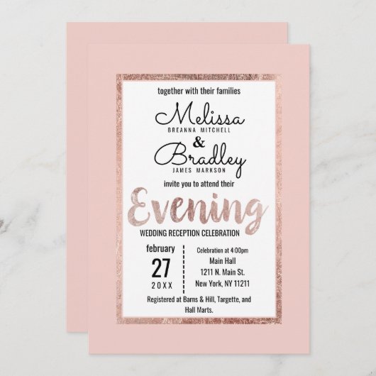 Roos Goud Bloemen Blush Roze Borstel Script Avond Kaart (Voorkant / Achterkant)