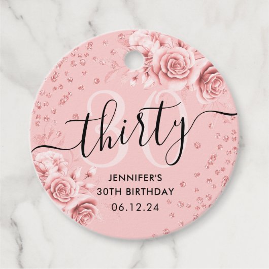 Roos Goud Bloemen Glitter 30e Verjaardag Script Bedankjes Labels (Voorkant)