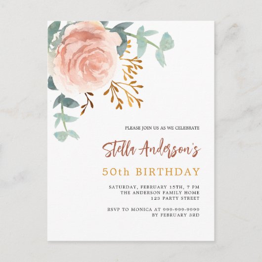 Roos Goud Bloemen Groen Script Verjaardag Uitnodiging Briefkaart (Voorkant)