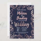 Roos Goud Bloemen Navy Blauw Borstel Script Bruilo Kaart (Voorkant)