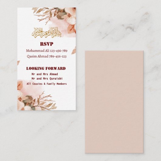 Roos Goud Bloemen Walima Islamitische bruiloft Informatiekaartje (Voorkant / Achterkant)