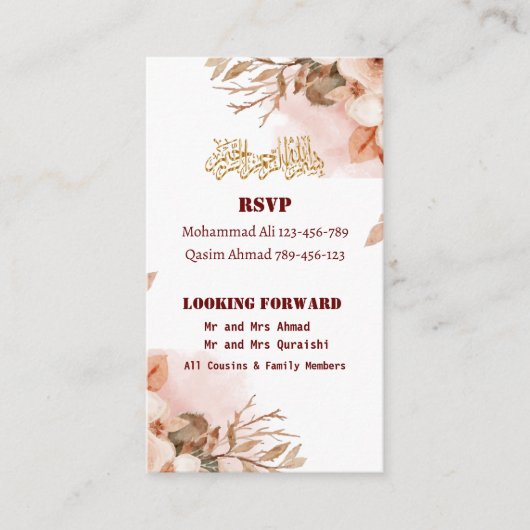 Roos Goud Bloemen Walima Islamitische bruiloft Informatiekaartje (Voorkant)