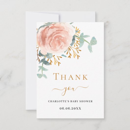 Roos goud bloemengroen Baby shower Bedankkaart (Voorkant)