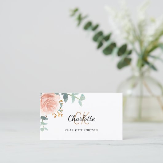 Roos goud bloemenmonogram QR code Visitekaartje (Staand voorkant)