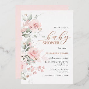 Roos goud Blush Bloemen Vlinder Baby shower Folie Uitnodiging