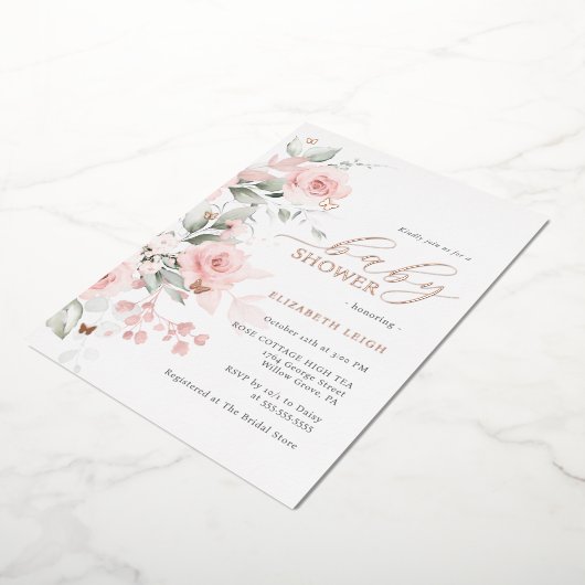 Roos goud Blush Bloemen Vlinder Baby shower Folie Uitnodiging (Gedraaid)