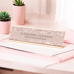 Roos Goud - Blush Pink Glitter Sparkle Moderne Chi Bureau Naambordje