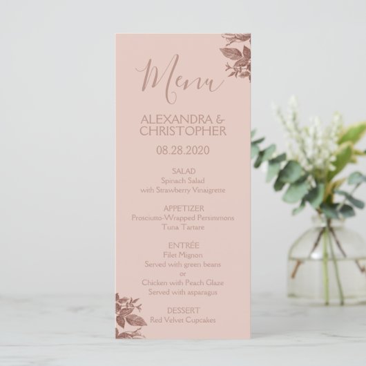 Roos Goud Blush Roze Bloemen Elegant Bruiloft Menu (Staand voorkant)