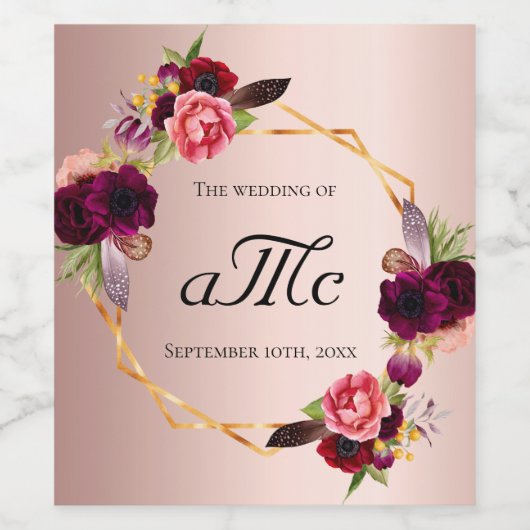 Roos goud bordeaux bloemengeo monogram bruiloft wijn etiket (Enkel label)