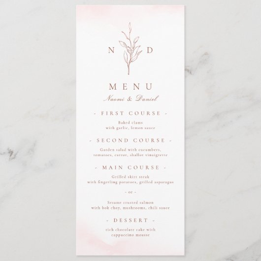 Roos goud eenvoudige elegant bladeren monogram bru menu (Voorkant)
