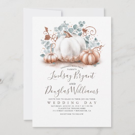 Roos Goud en Witte Pompoenen Rustieke Herfst Bruil Kaart (Voorkant)
