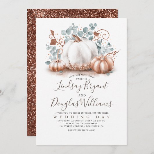 Roos Goud en Witte Pompoenen Rustieke Herfst Bruil Kaart (Voorkant / Achterkant)