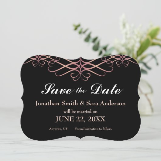 Roos Goud en Zwart, Elegant Save the Date (Staand voorkant)